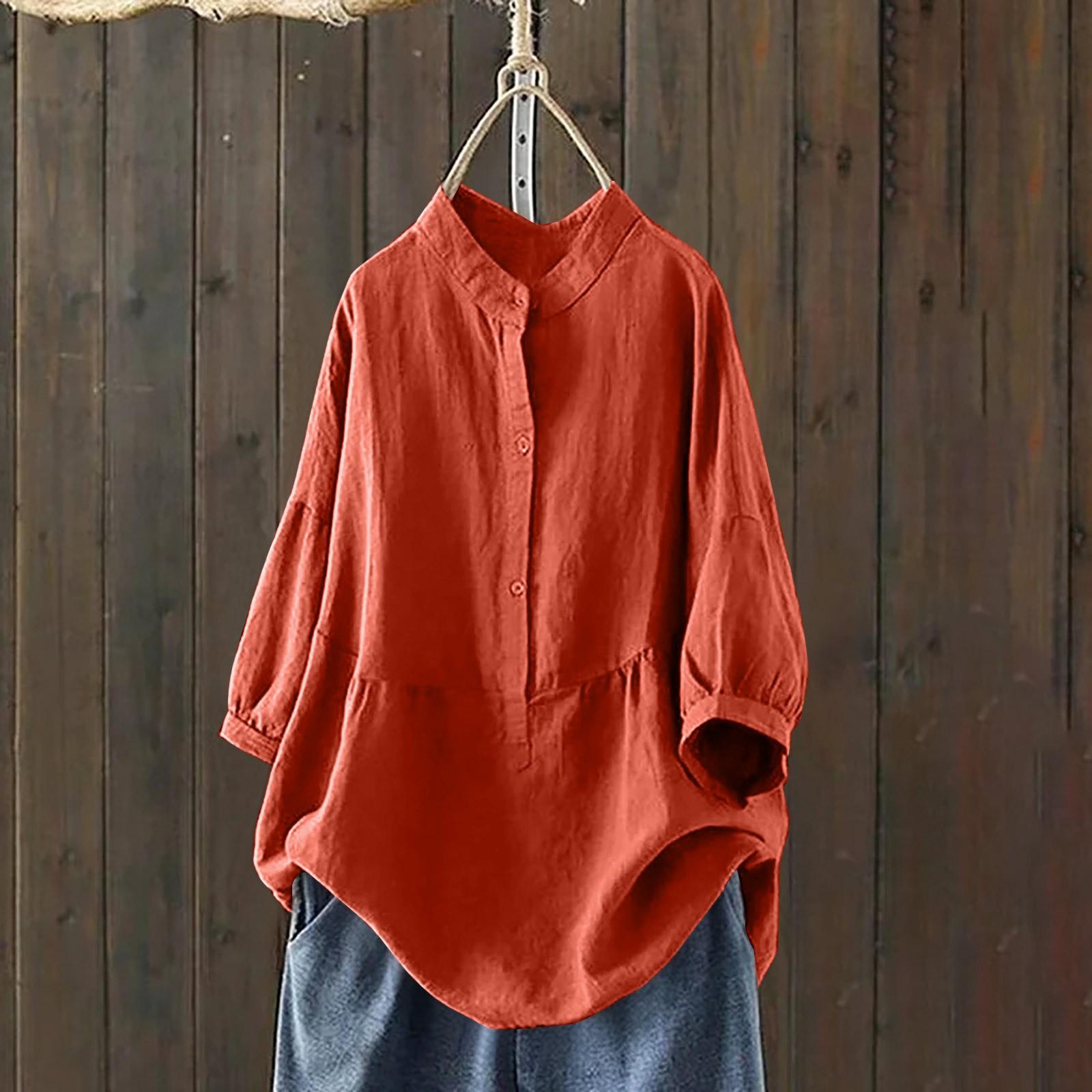 

Женская однотонная рубашка с длинными рукавами из хлопка и льна на пуговицах S красный