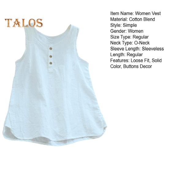 Women Vest Round Neck Sleeveless Solid Color Tank Tops Loose Fit Buttons Decor Summer Camisole Daily Wear