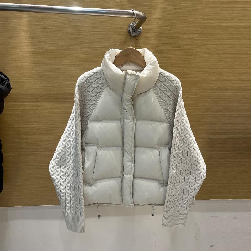 Winter Women Down Parkas Jacket Cable Knit Sleeve Spliced Stand Collar Thick Warm Short Coat Petite Ladies Outerwear