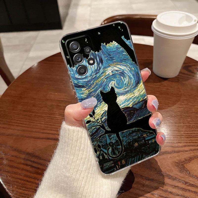Cat Van Gogh Starry Sky For Samsung Galaxy A55 Case A54 A52 A53 5G A15 A14 A13 A23 A51 A34 A35 A33 A32 A72 A71 Clear Phone Cover