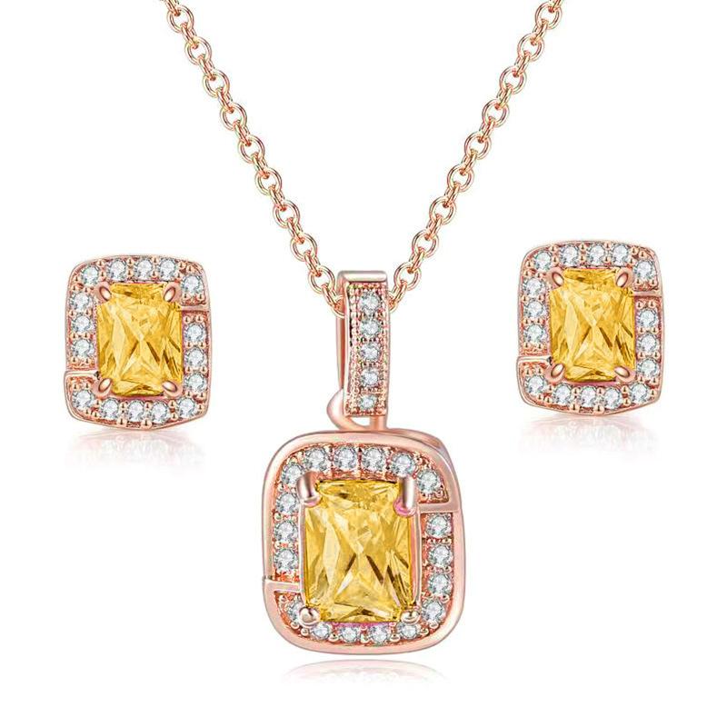 Simple Geometric Square Zircon Stud Earrings Pendant Necklace Women'S, Colored Gemstones Engagement Jewelry Set