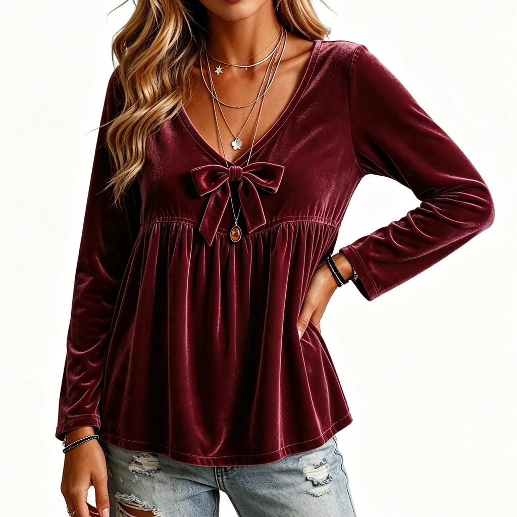 Women's Casual V-Neck Long Sleeve Velvet Top with Loose Fit Blouse