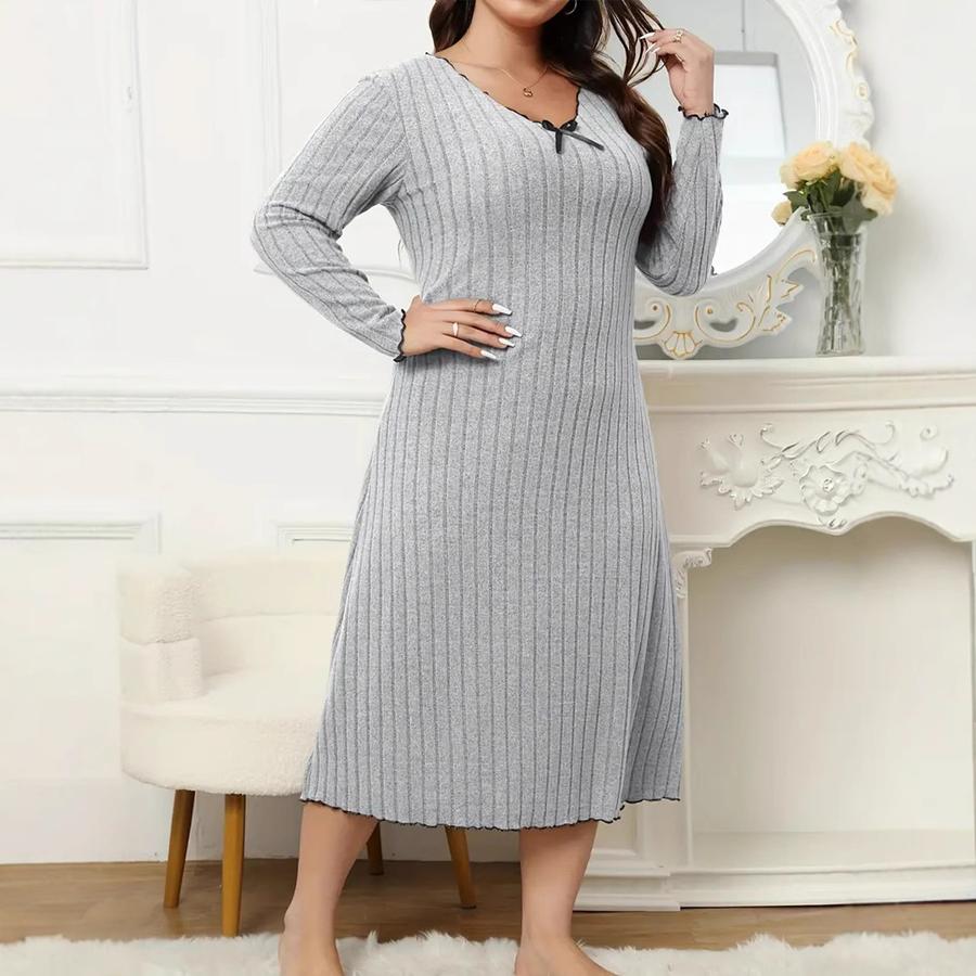 Spring New Arrivals Plus Size Dresses V-Neck Long Sleeve Solid Color Ear Trim Fashion Women's Clothing