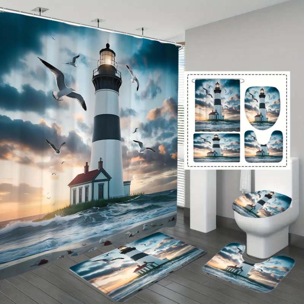 4Pcs Bathroom Shower Curtain Set Nautical ElementsPattern Bathroom Curtain With 12 Hooks Non Slip Rugs Toilet Cover Mat Bathroom Partition
