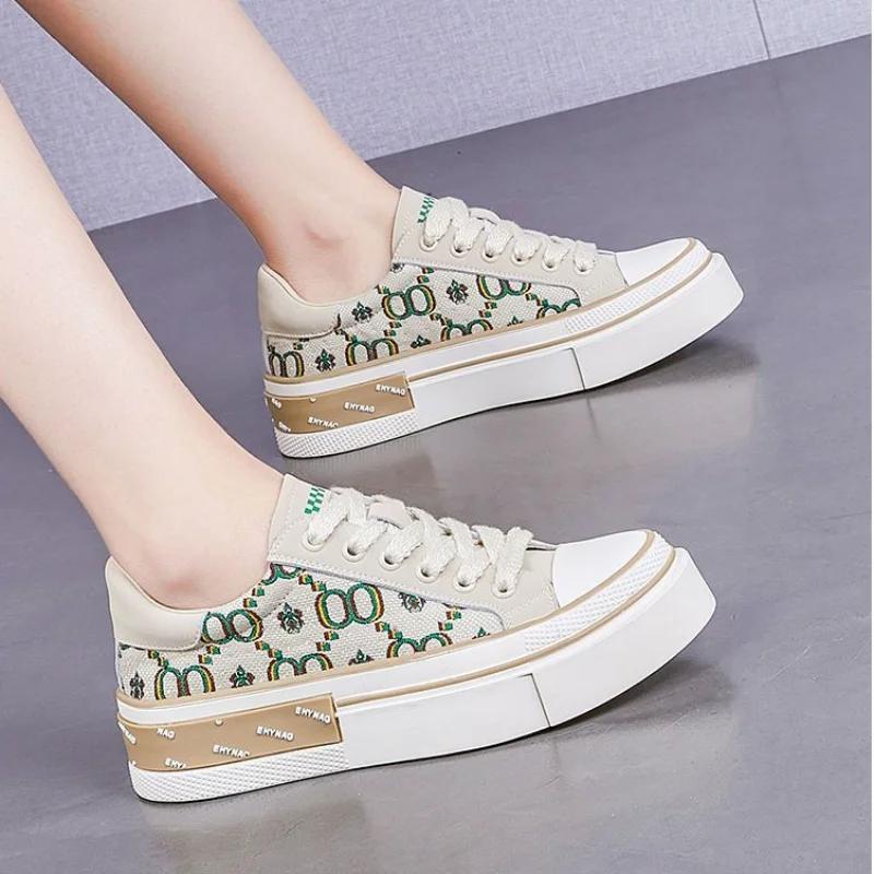 Fashion Whit Lace Up Female Footwear Sports Women's Shoes Low Canvas High On Platform Athletic Sneakers Light Cotton Casual Summer 2025