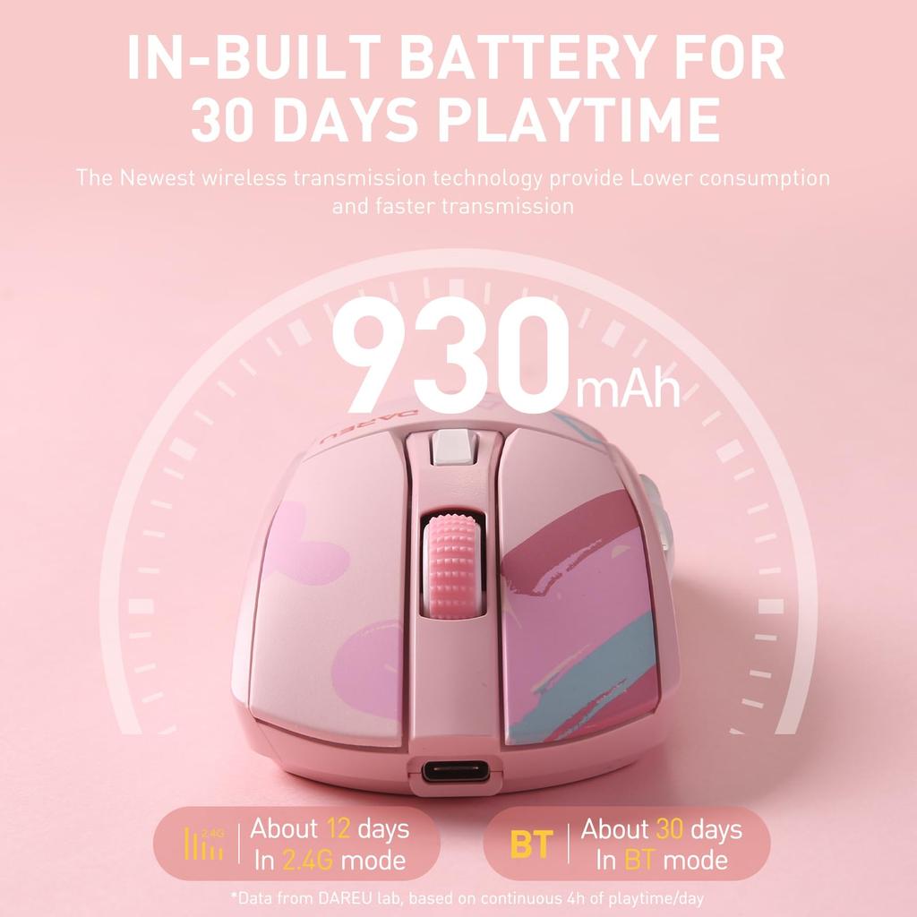DAREU A950 Gaming RGB Lade-Ständer 12000 Technische Standards Genehmigte Maus, Rosa, Niedlich, Kabellos, Symmetrisch, Leicht, USB/2,4GHz/Bluetooth,