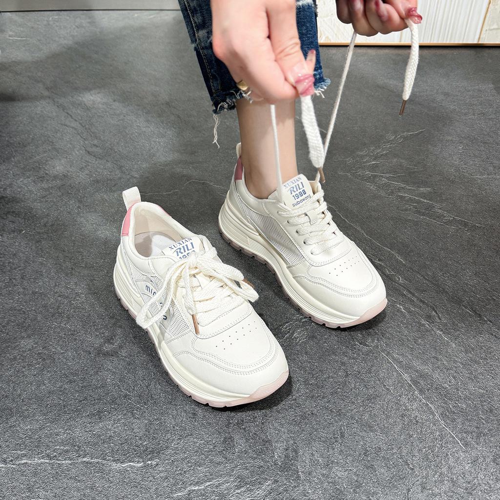 Little White Shoes Women's Lace-up Candy Color Platform Sneakers Color Matching Mesh Casual Shoes