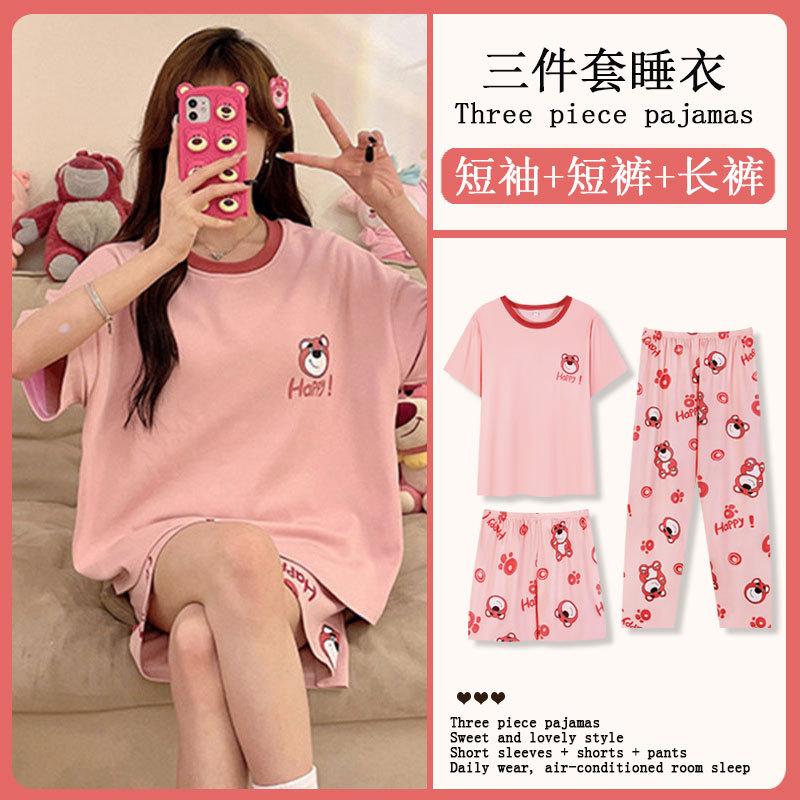 Summer Korean Sweet Pajamas Women's Crew Neck Short-sleeved Three-piece Comfortable Women's Loungewear Spot Straight Hair