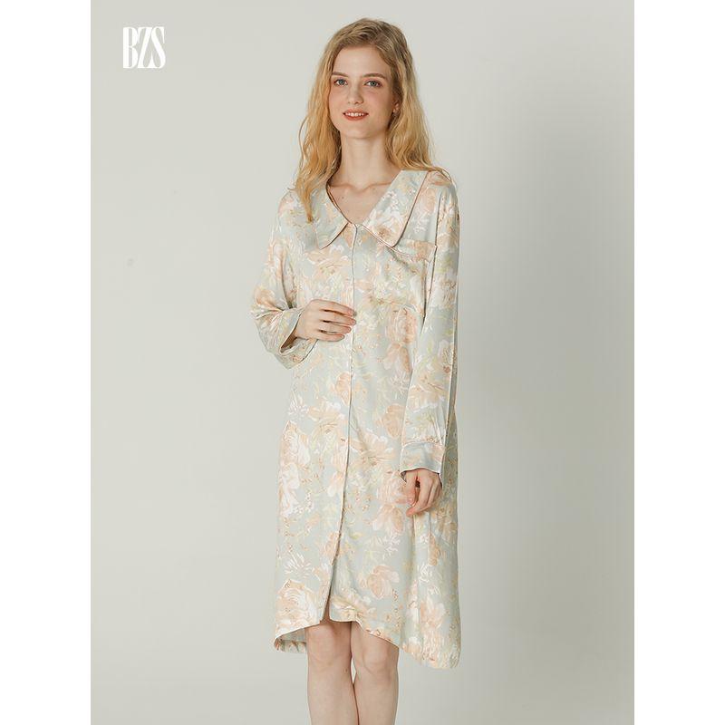 2024 Summer New French style V-neck Sweet Print Tribute Satin Cotton Silk Comfortable Home Wear Pajamas Women's Long-Sleeved Nightdress