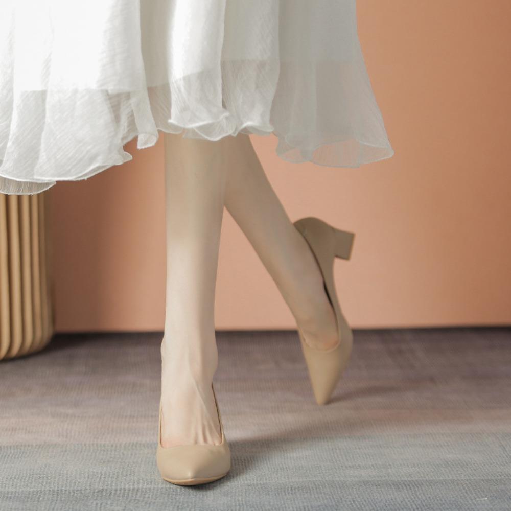 Women's French Nude High Heels 2025 Spring Autumn New Soft Leather Non-Tiring Feet Commuting Work Interview Versatile Shoes XCY40-555