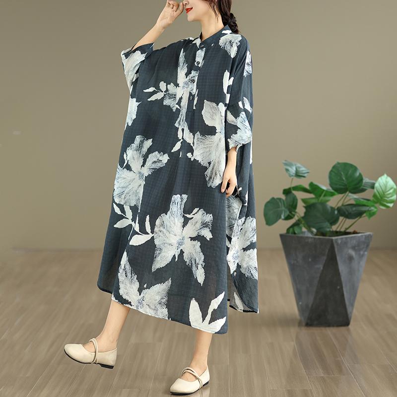 DIMANAF 2025 Women Plus Size Spring Long Dress Loose Basic Printing Vintage Casual Floral Oversize Long Sleeve Maxi