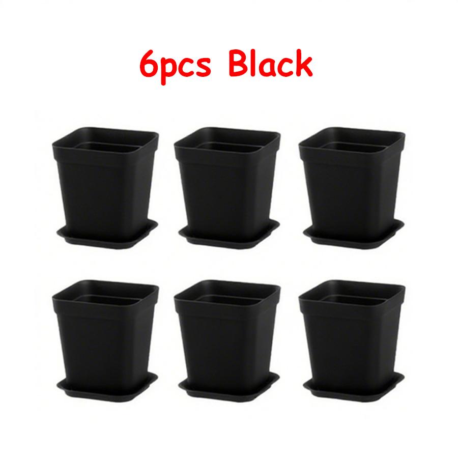 6pcs 7cm Plastic Square Flower Plant Pots with Tray Nursery Pot for Succulent Plant Home Office Desktop Gardening Balcony Decor
