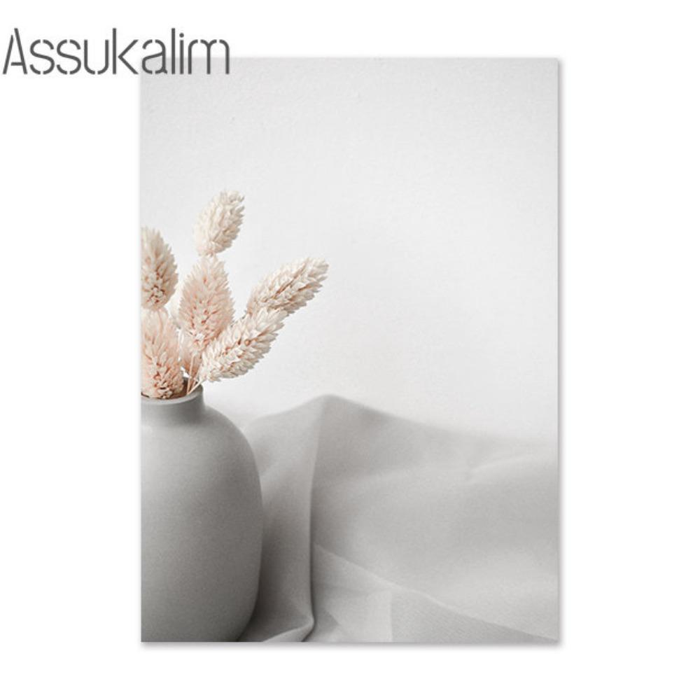 Beige Canvas Painting Vase Flowers Art Prints Dried Grass Print Pictures Reed Cup Wall Pictures Nordic Wall Poster Home Decor