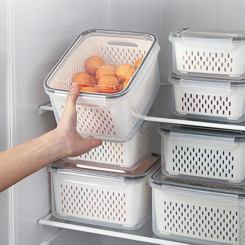 Fridge Storage Box Refrigerator Fresh Vegetable Fruit Boxes Drain Basket Storage Containers with Lid Kitchen Tools Organizer