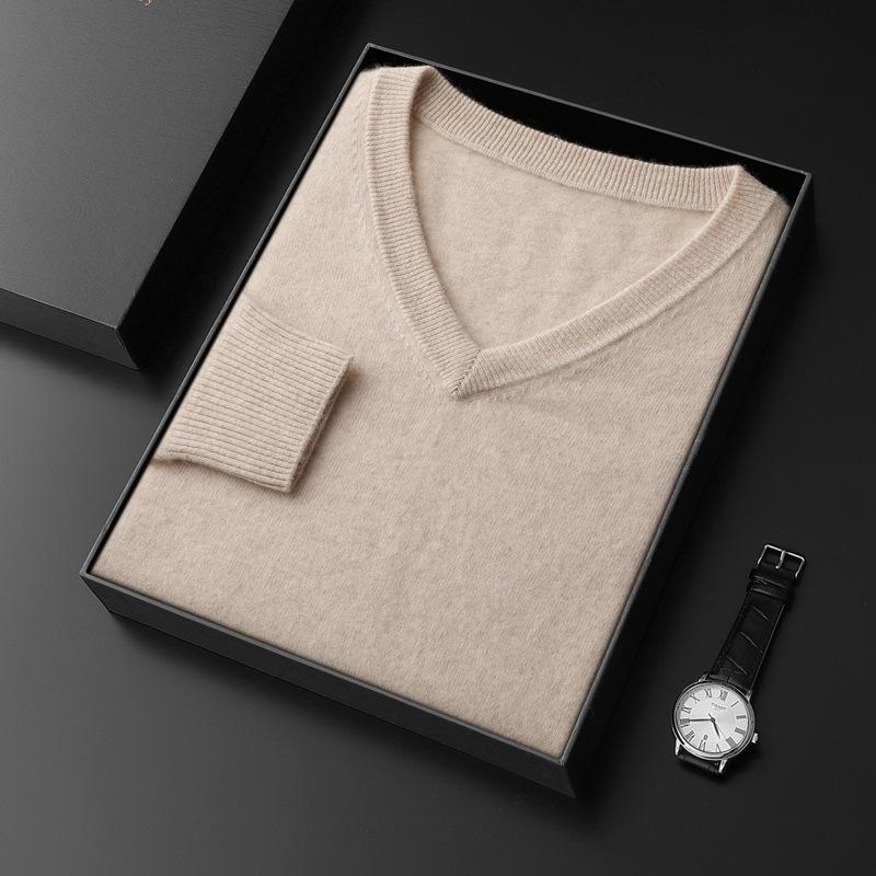 Men's V-Neck Cashmere Sweater, Plus Size, Long Sleeve, Solid Color, Wool Knit, 2023 Autumn/Winter Collection.