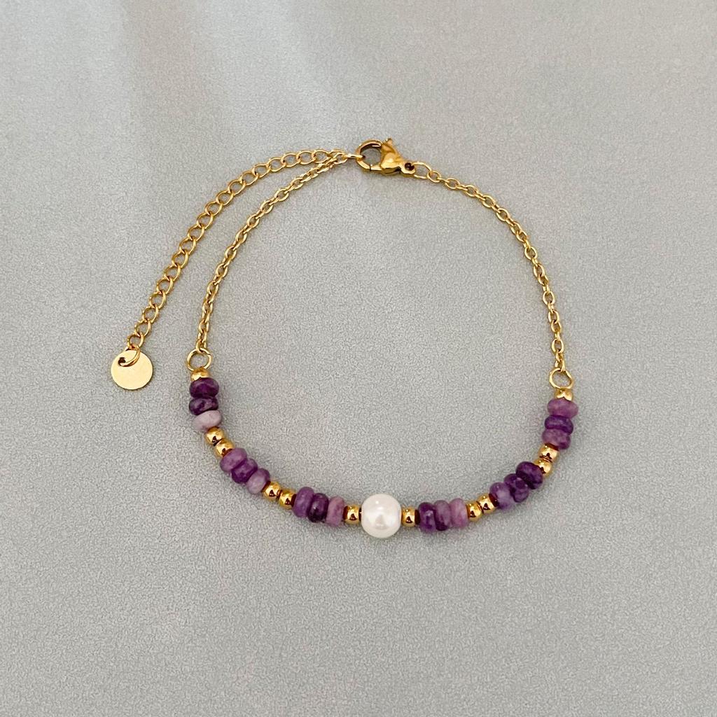 Elegant 18k Gold-Plated Stainless Steel Bracelet with Natural Stone Inlay - Trendy and Fade-Resistant for Women