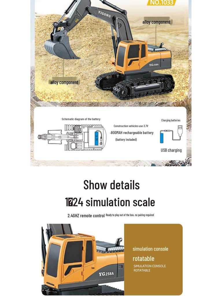 Remote Control Alloy Excavator Toy - Six-Channel Tracked Model for Kids