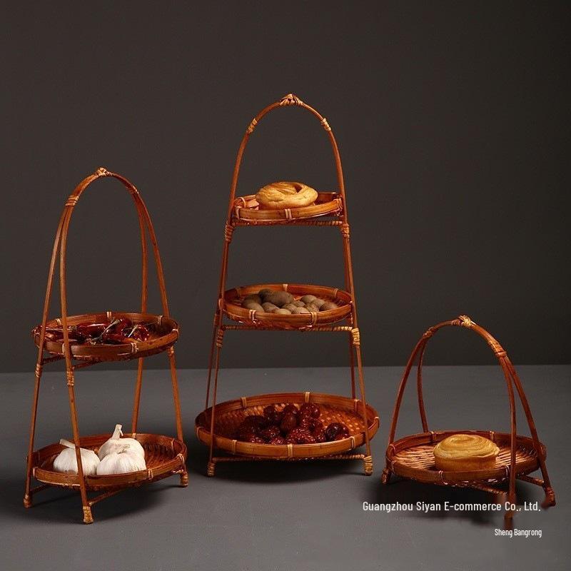 Handmade Round Handle Bamboo Basket - Tea, Fruit, Pastry Tray, Small Creative Multi-Layer Weaving