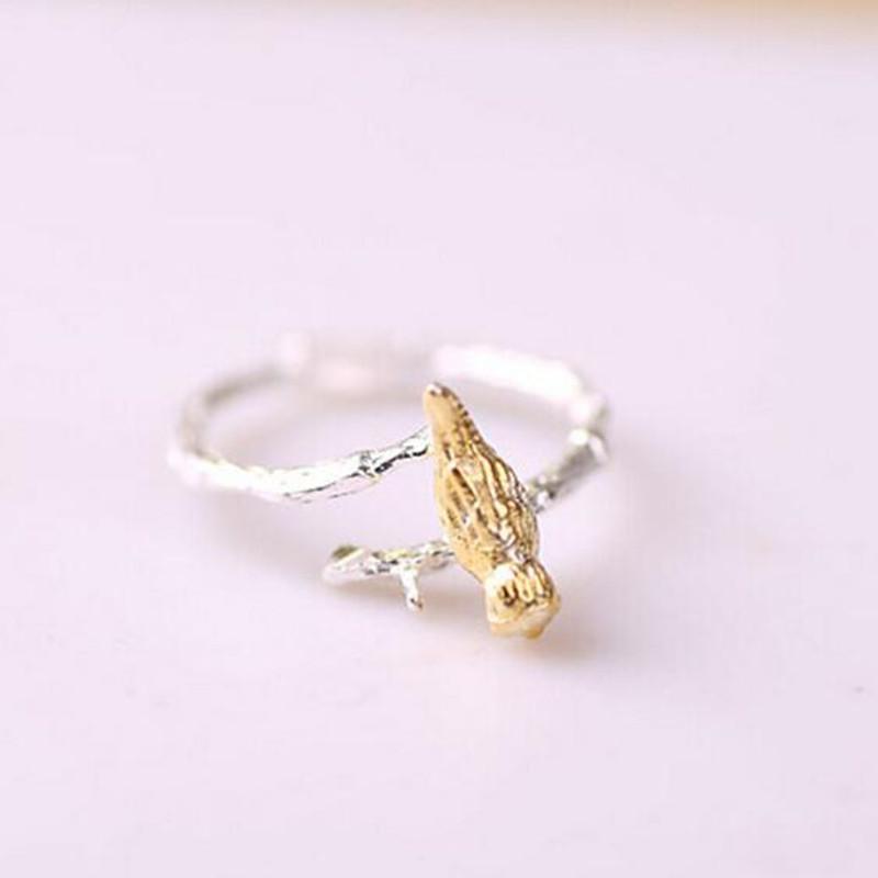 Hot Popular Personality Creative Fashion 925 Sterling Silver Jewelry Branches Golden Bird Exquisite Opening Rings R036