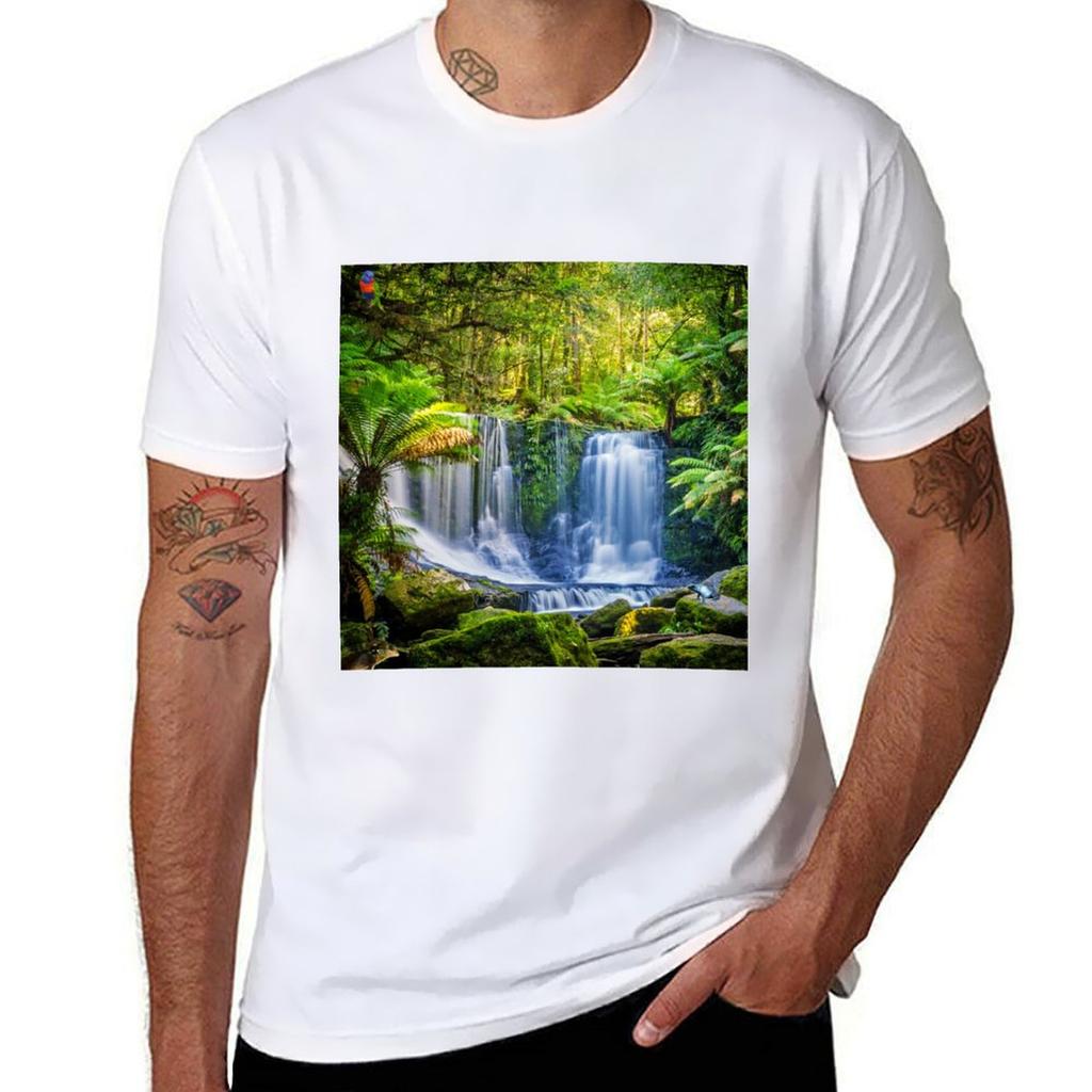 Tropical Exotic Rainforest Green Forest Waterfall Tshirt Work Basic Short Sleeve Top