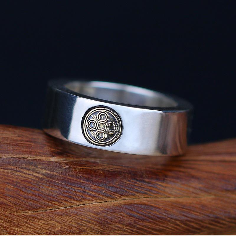 Thai Silver Retro Infinity Wheel Ink Pad Ring – Men s Trendy Handmade Open Band Ring Adjustable Open Size