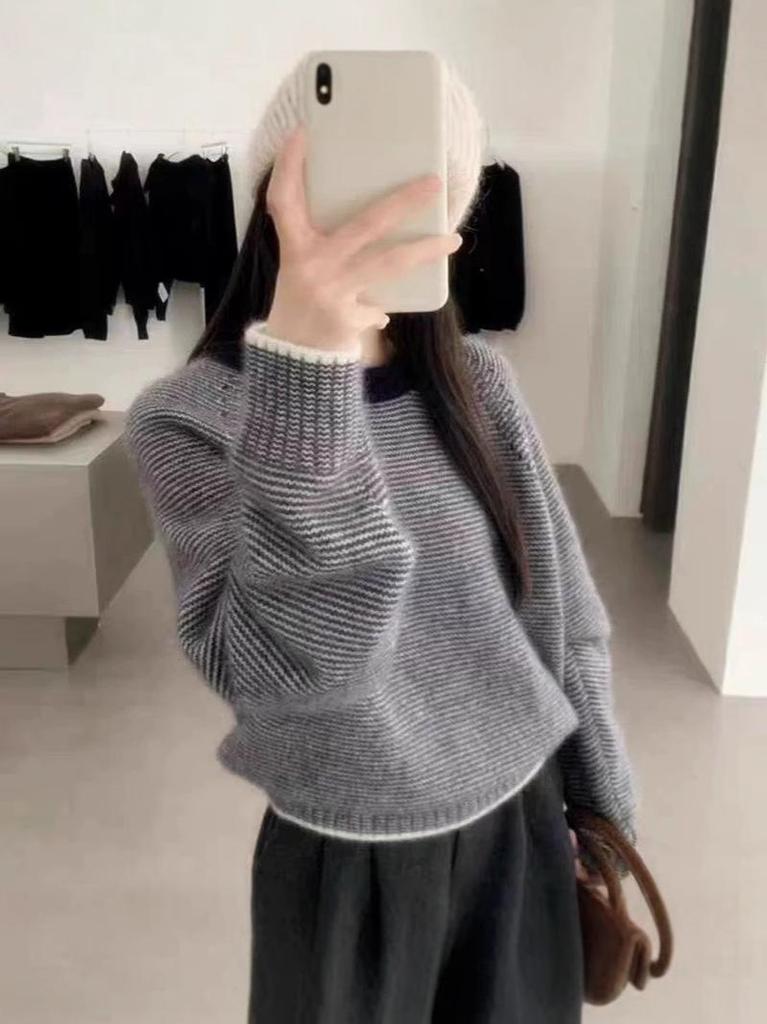 European Style Pure Wool Color-Block Striped Sweater for Women - Thickened, High-End Autumn/Winter 2024 Base Layer Short Top