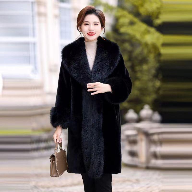 Ny vinterimitasjon europeisk minkpels integrert pels imitert revepelskrage utvidet imitert pelsfrakk