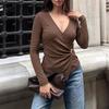 New Vintage-style Solid-color V-neck Fitted Sleeve Metal-button Long-sleeved Top