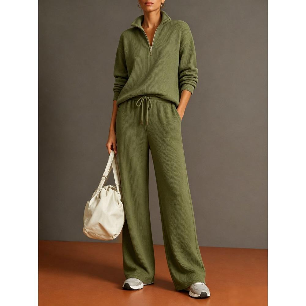 Women's Loose Knit Tracksuit Long Sleeve Half Zip Sweatshirt Drawstring Waist Wide Leg Pants