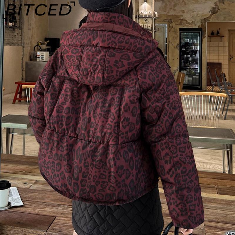 BITCED Short-Length Leopard Print Cotton Jacket for Women with Hood Minimalist Fashion Design, Oversized Fit, Unique Style Cotton Coat