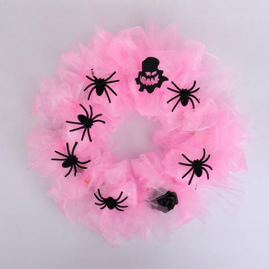 Halloween Wreath Pink Gauze Wreath with Spiders Decorative Front Door