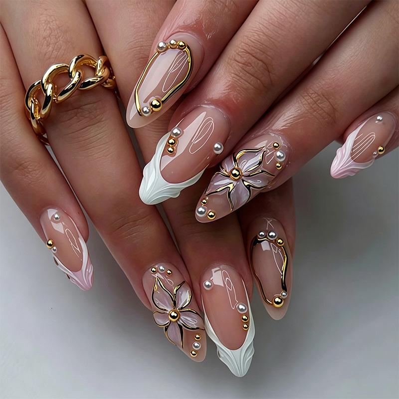 24-Piece Pink French Medium Tube Nail Tips with 3D Flowers & Leopard Print