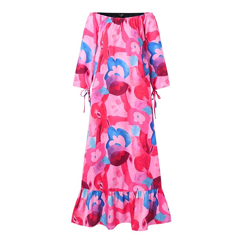 Vestido Estampado de Manga Larga con Hombros Descubiertos para Mujer Talla Grande