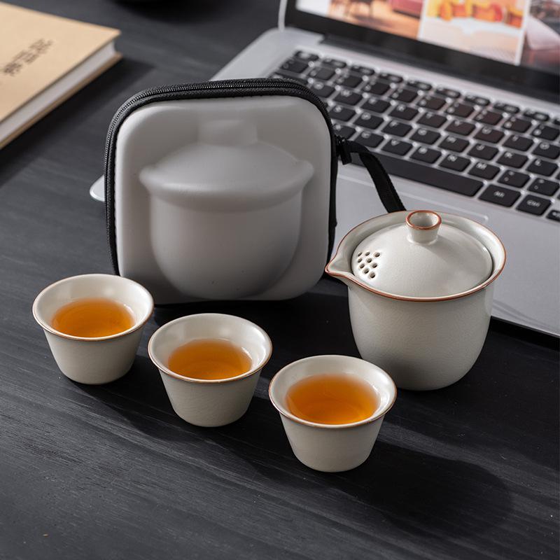 Light luxury Ru kiln open travel tea set outdoor portable one pot three cups high-end business practical