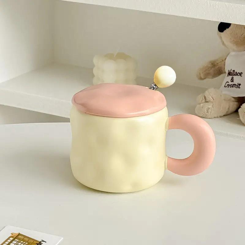Ceramic Mug with Lid + Spoon Cute Female Office Coffee Cup Contrast Couple Household Water Cup