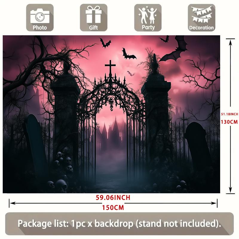 1pc Gothic Cemetery Party Background - Dark pink sky ghost house bats skeletonszyc
