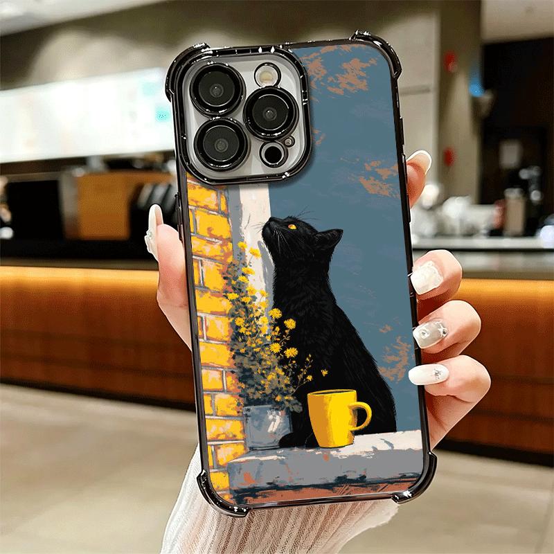 Black Cat Aesthetic Pattern Plating Phone Case For Iphone 16 17 Pro Max Air 16E 14 15 Plus 12 13 Mini Anti-Fall Airabag Cover