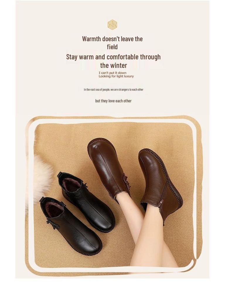 Women's Genuine Leather Winter Plush Ankle Boots - Comfortable, Non-Slip, Soft Flat Bottom for Middle-Aged & Elderly