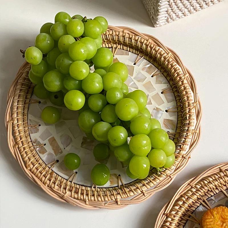 24cm Rattan Shell Fruit Plate Round Creative Color Storage Tray Home Bread Fruit Salad Snack Plate Kitchen Living Room Decor