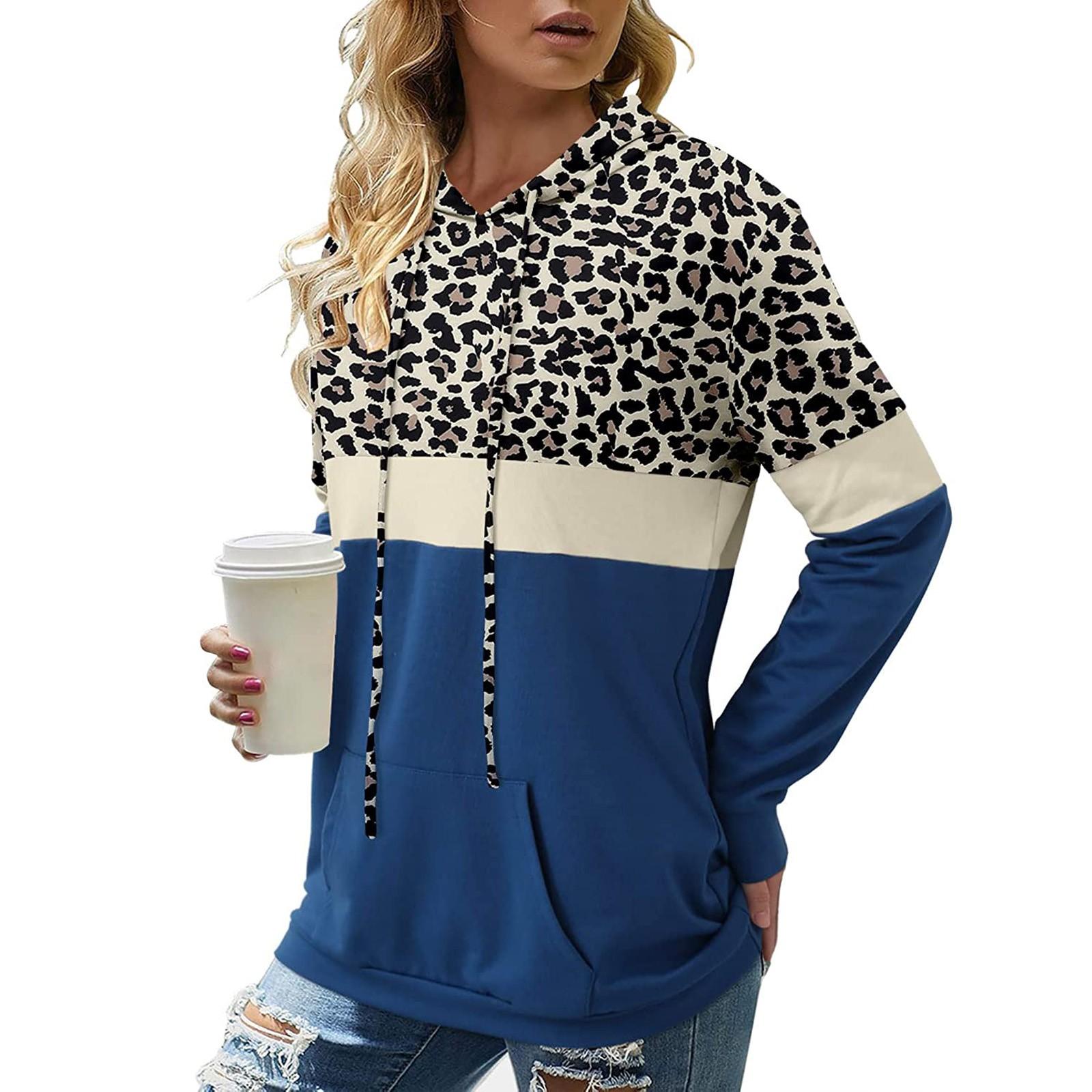 

Fashion Women Leisure Leopard Print Patchwork Long Sleeve Hoodies Tops M