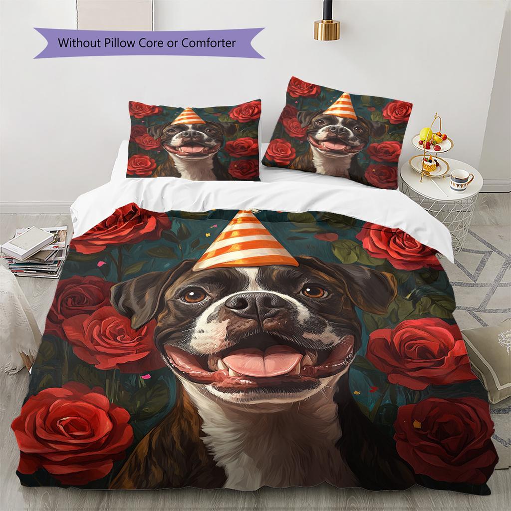 Rose Dog with Birthday Hat Pattern Bedding Quilt Set Home Decoration Gift (1 * duvet cover + 2 * pillowcase without core)