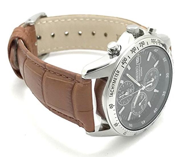 SEIKO Chronograph Uhr mit echtem Leder Offiziell in Japan vertrieben von Light oder Armband, Seiko, Schwarz, Braun, Kamel, SND367P1-LBR