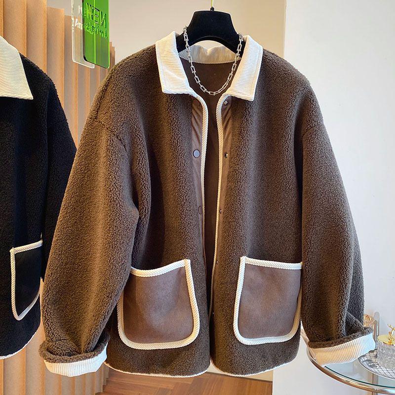 Dámský zimní kabát z jehněčí vlny v korejském stylu - Volný, zeštíhlující, silný, hřejivý, nadměrná velikost, patchworkový design