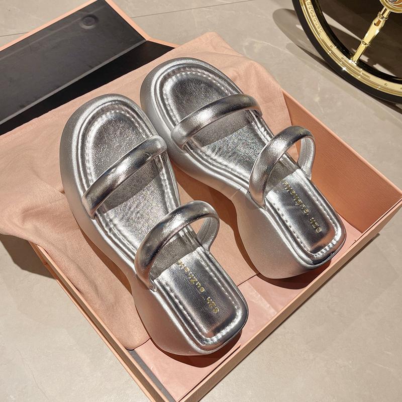 

трендовые дизайнерские летние женские тапочки с открытым носком, модные узкие ремешки на платформе, шлепанцы на танкетке, женские уличные пляжные сандалии Size 35(foot 22.5cm) серебряный