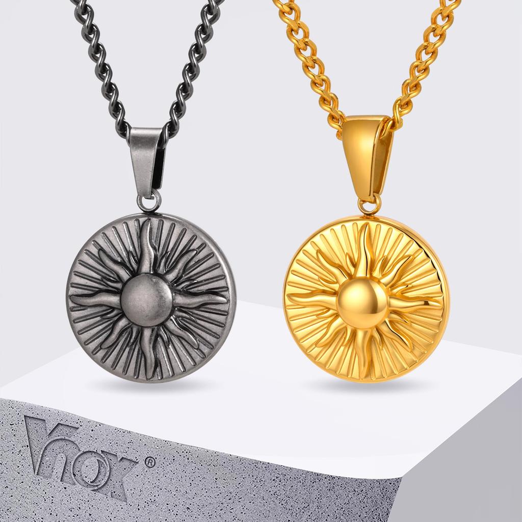 Vnox Sunburst Pendant Necklace for Men, Gold Plated Gray Stainless Steel Link Chain, Trendy Jewelry Gift for Husband Son Dad