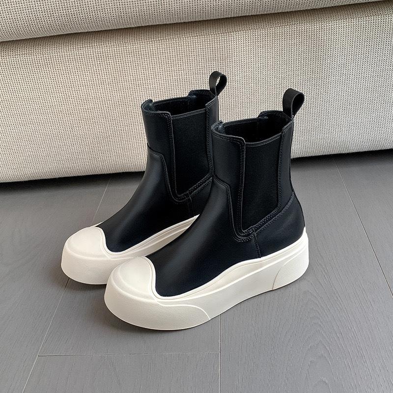 Verze ovčí kůže~ vnitřní zvýšení výšky 7 cm tenké kozačky krátké kozačky dámské kožené na silné podrážce Chelsea kozačky muffin Martin kozačky kotníkové kozačky