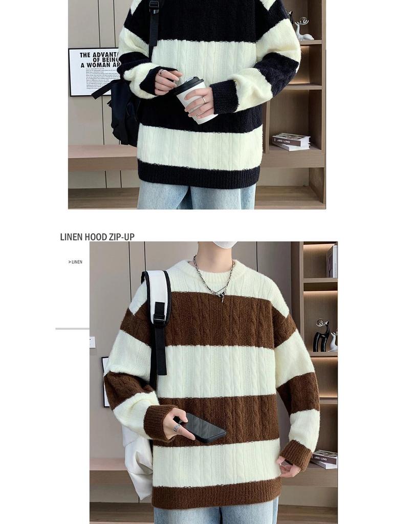 Men's Trendy Striped Cable Knit Sweater - Autumn/Winter 2025 Loose Warm Woolen Base Layer.