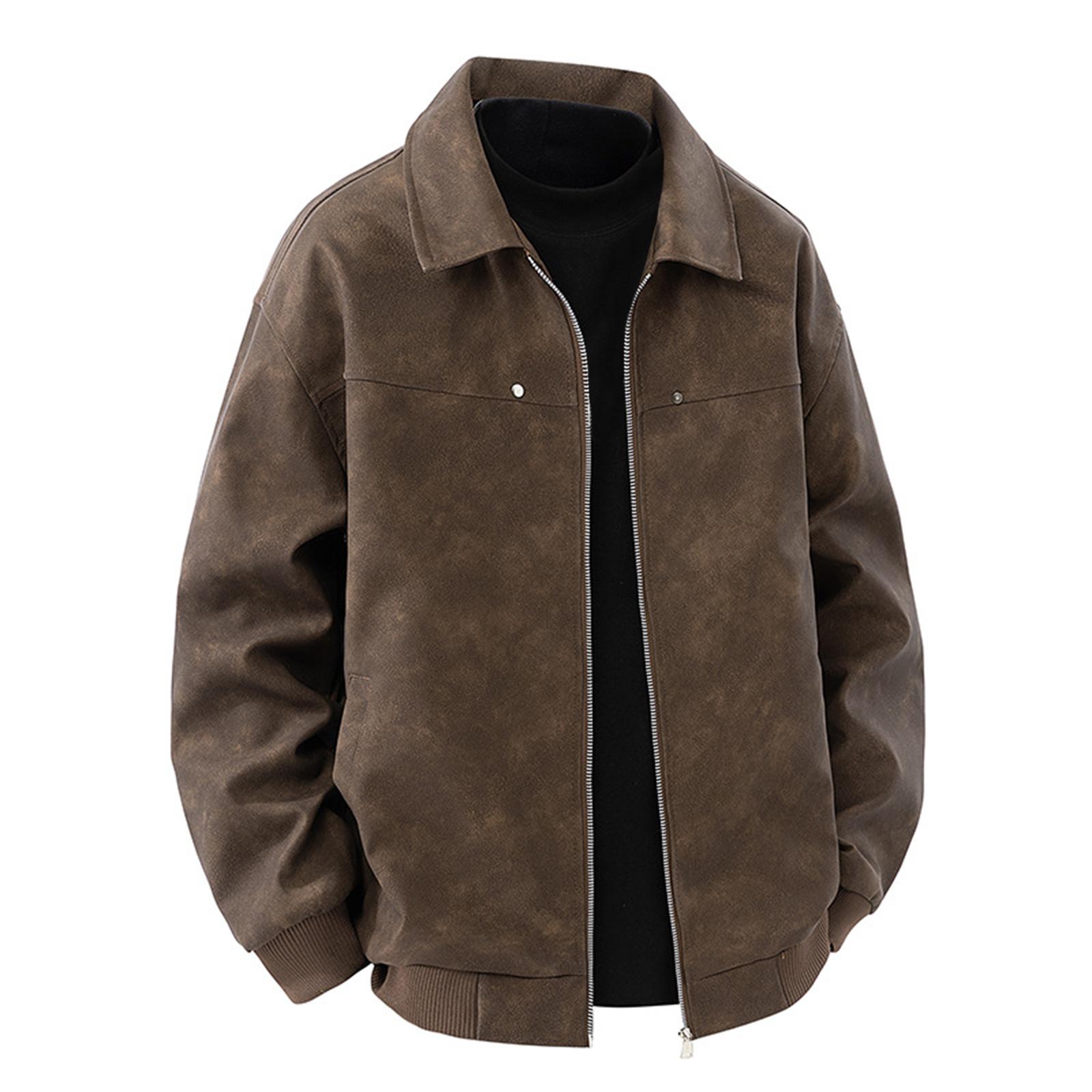 

Мужская ретро кожаная куртка с лацканами однотонная повседневная спортивная свободная куртка L кофейный