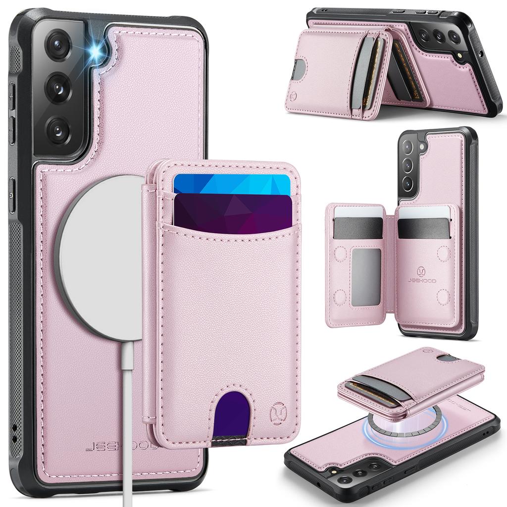 For Samsung Galaxy S22 5G Magnetic Case JEEHOOD J10 Leather Back Phone Cover with Detachable Card Holder Kickstand