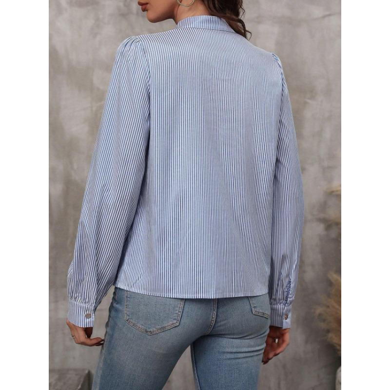 Spring and Autumn New Fashion Women's Stand Collar Tie Button Striped Long Sleeve Shirt